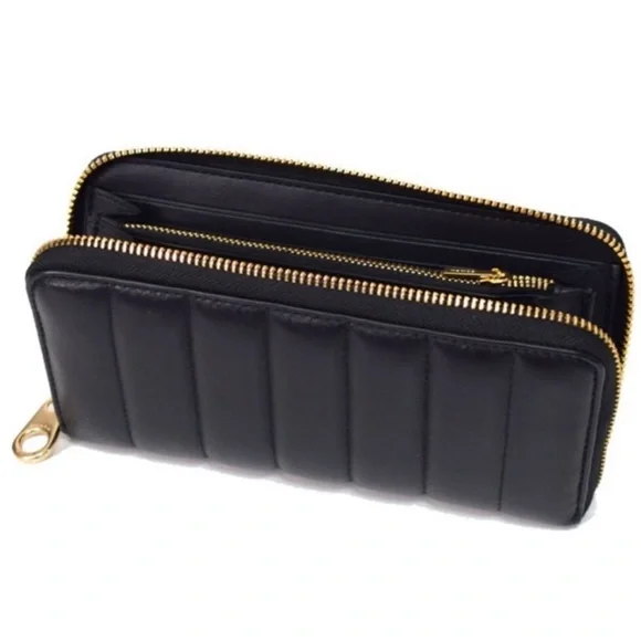 Coach Black Leather Long Zip Around Wallet W/ Quilting and Clutch wristlet strap